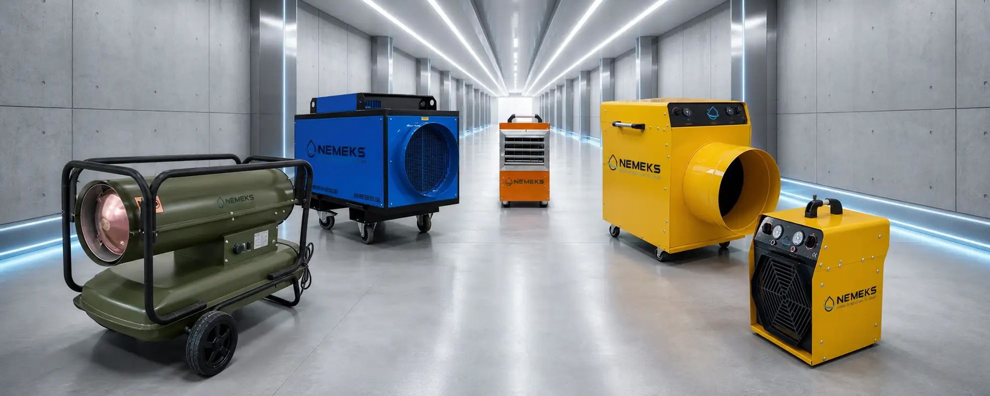 Aydınlatmalı beton koridorda sergilenen sarı Nemeks elektrikli fanlı ısıtıcı ve diğer model ısıtıcılar
